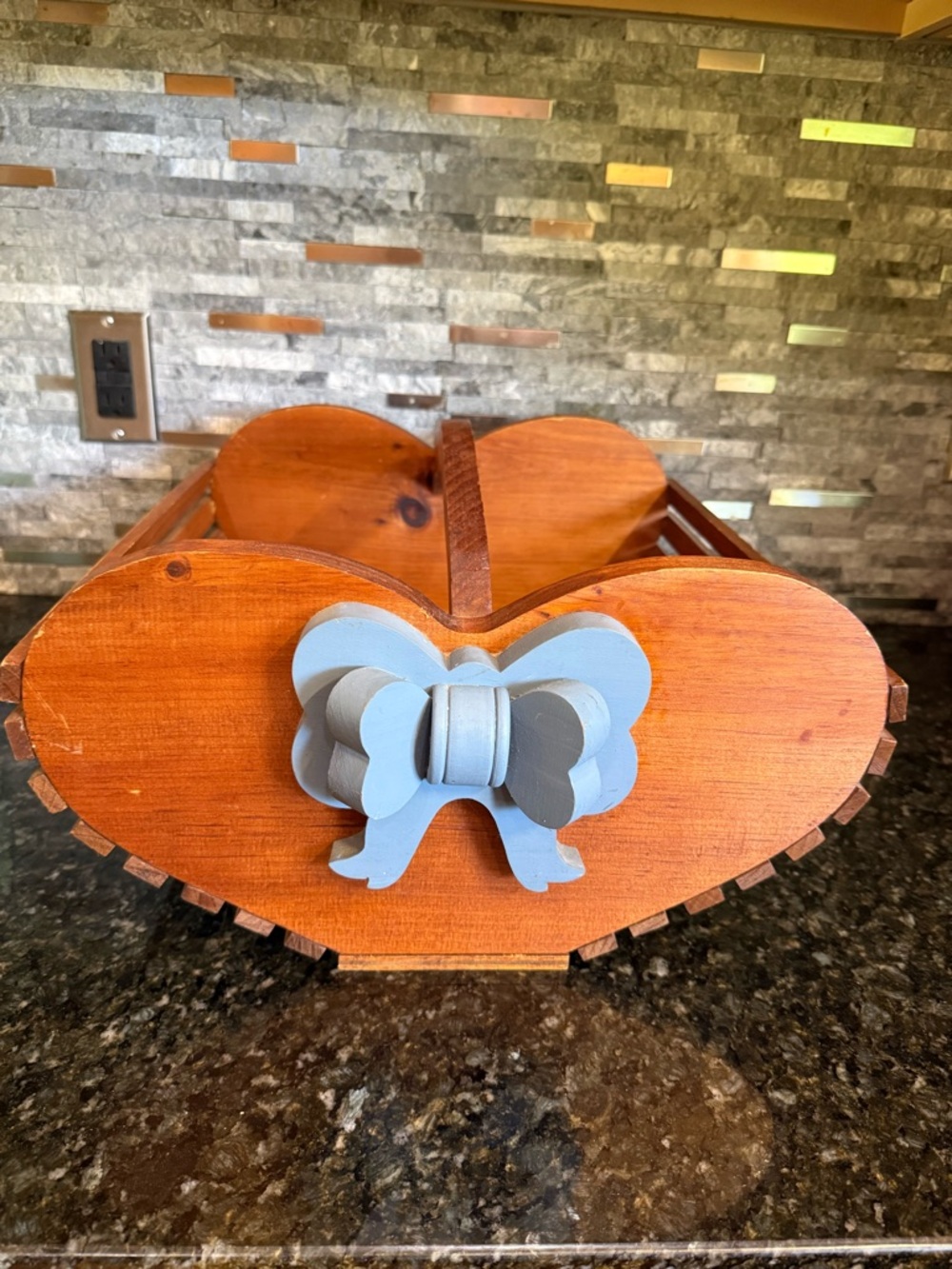 Cottage/Granny Core Large Wooden Heart Basket with Blue Bow Accent